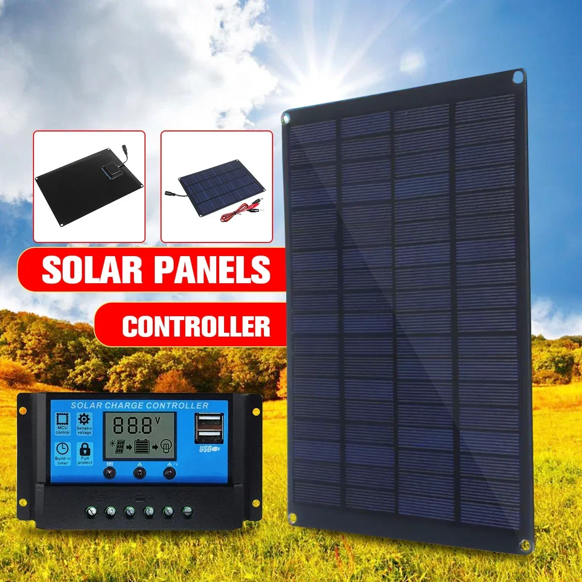 20W 18V Solar Panel with battery Clip+10/20/30/50A Solar Car Charger Controller Solar Cells For Outdoor Camping Hiking Portable