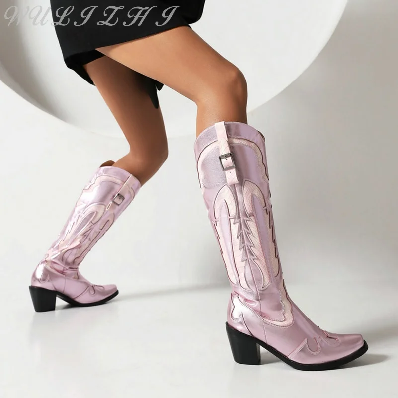 Pink High Heel Western Cowboy Boots Women's Sweet Belt Buckle ​​pattern Knee High Boots Elegant Pointed Toe Dress Shoes Ladies