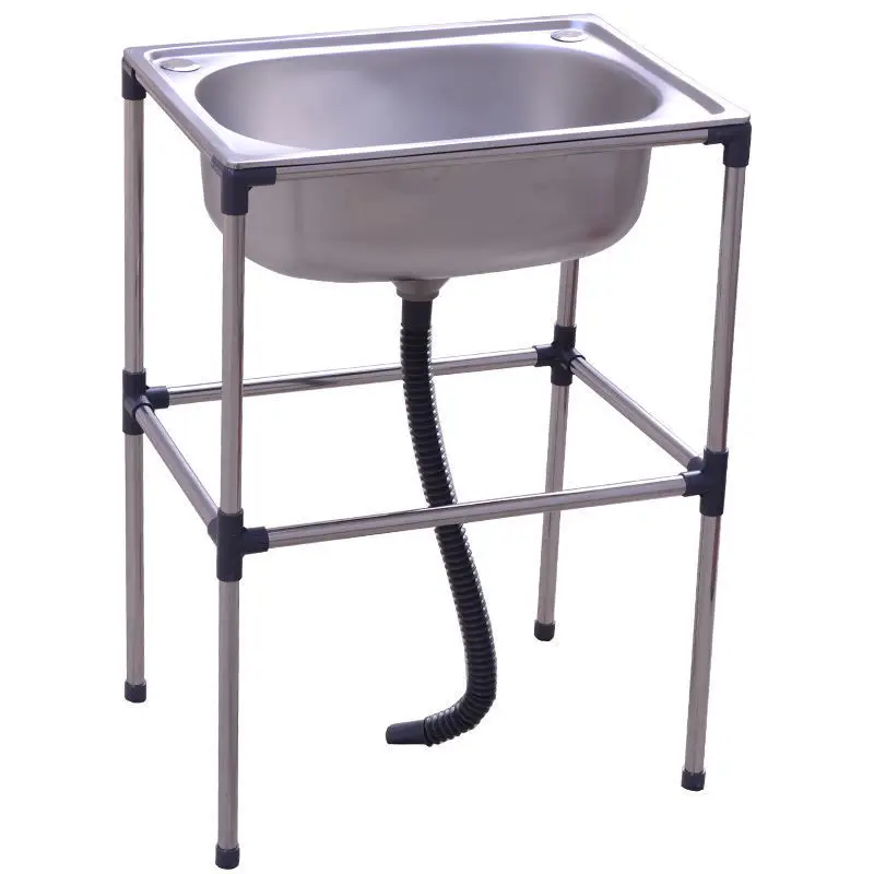 

Thickened Stainless Steel Sink with Bracket Simple Sink Wash Basin with Floor-Standing Shelf Single Sink Kitchen Vegetable Basin