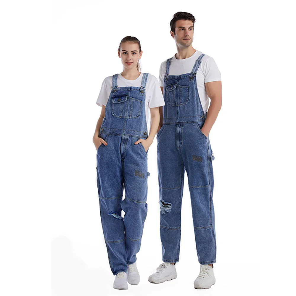 Fashion Rippled Plus Size Bib Men Women Denim Suspenders Splicing Jumpsuit Streetwear Hiphop Trouers Clothes