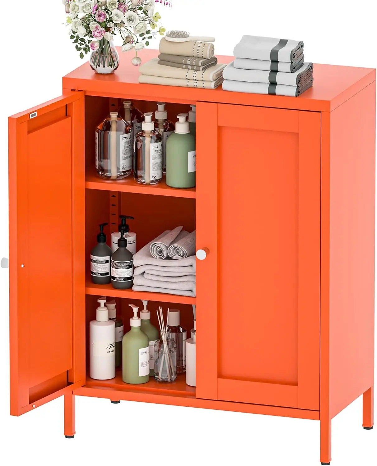 YAUWOH Metal Bathroom Storage Cabinet, Bathroom Floor Storage Cabinet with 2 Adjustable Shelves and 2 Doors,Freestanding Metal Sideboard for Small Spaces, Living Room, Dining Room,Orange