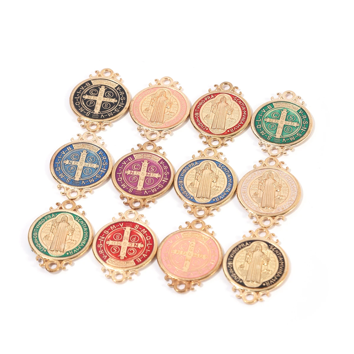 12 Piezas de Medallas de San Benito de Metal Esmaltado, Color Dorado, Redondas, para Hacer Collares, Pulseras y Llaveros
