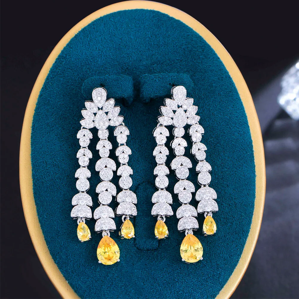 CWWZircons Bling Yellow Water Drop Cubic Zirconia Stone Long Dangle Drop Fringed Chandelier Women Wedding Earrings Brides CZ517