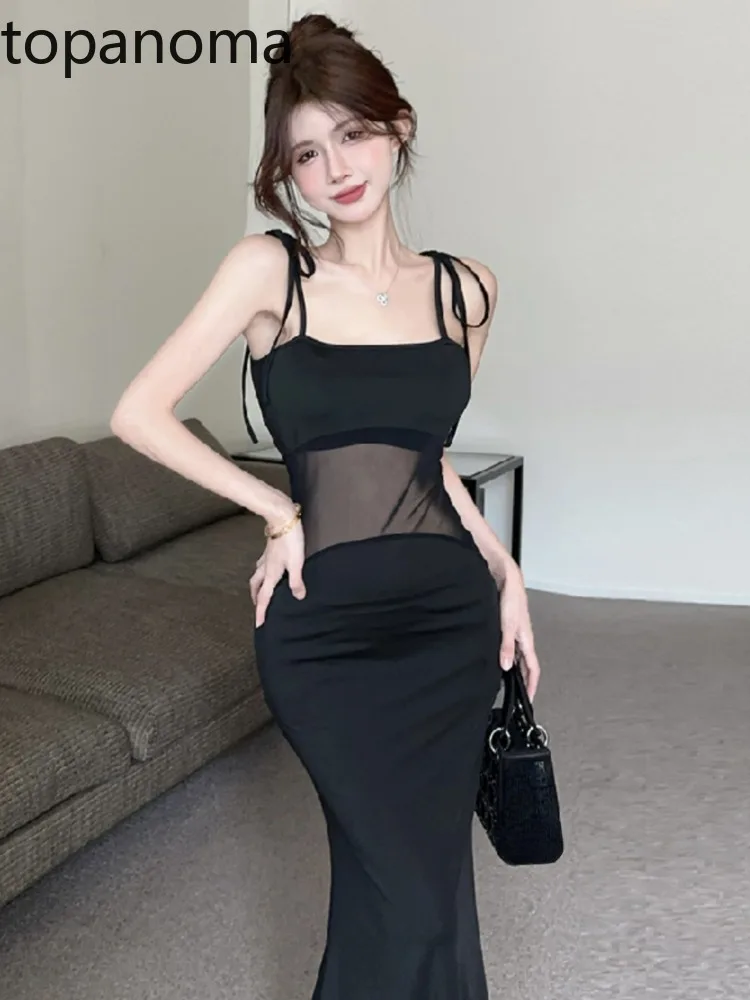 Topanoma Evening Dresses Women Sexy Sleeveless Bandage Mesh Patchwork Slim Elegant Cocktail Dress Party Banquet Temperament