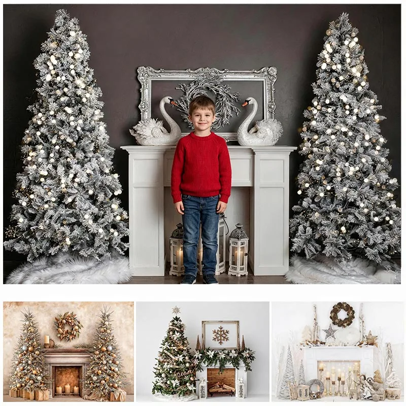 

LS Christmas Classic Fireplace Backgrounds Kids Adult Photography Props Child Baby Photocall Xmas Trees Red Door Backgrounds