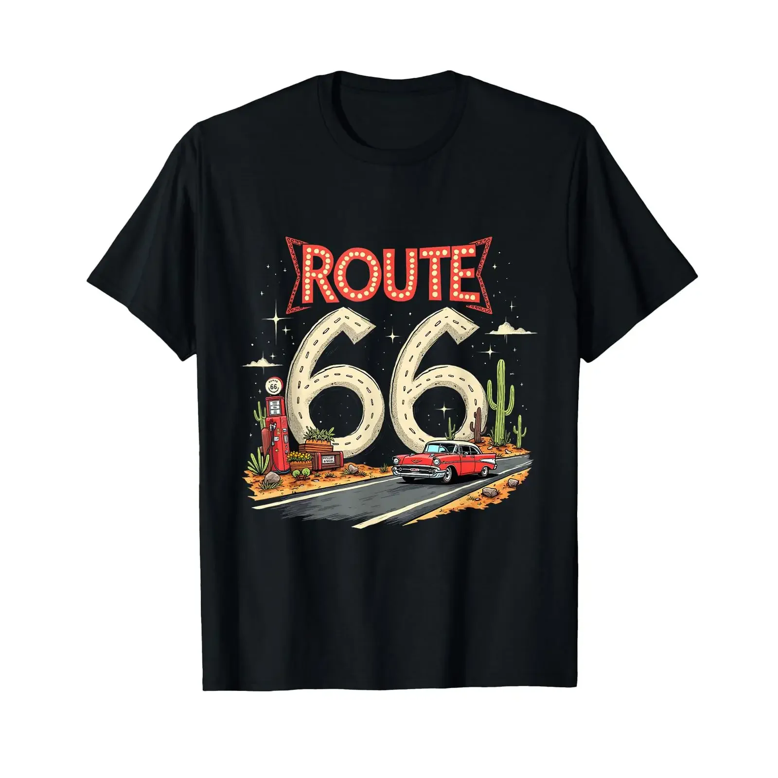 Classic Retro Route 66 Desert Scene with Red Vintage Car T Shirt vintage Washed Unisex fashion graphic Casual Stylish