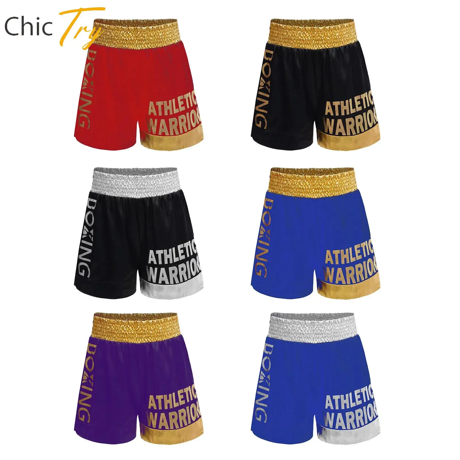 

Kickboxing Fight Muay Thai Shorts Kids Boys Breathable Boxer Shorts Metallic Wide Side Slit Shorts Sports Bottom Gym MMA Clothes