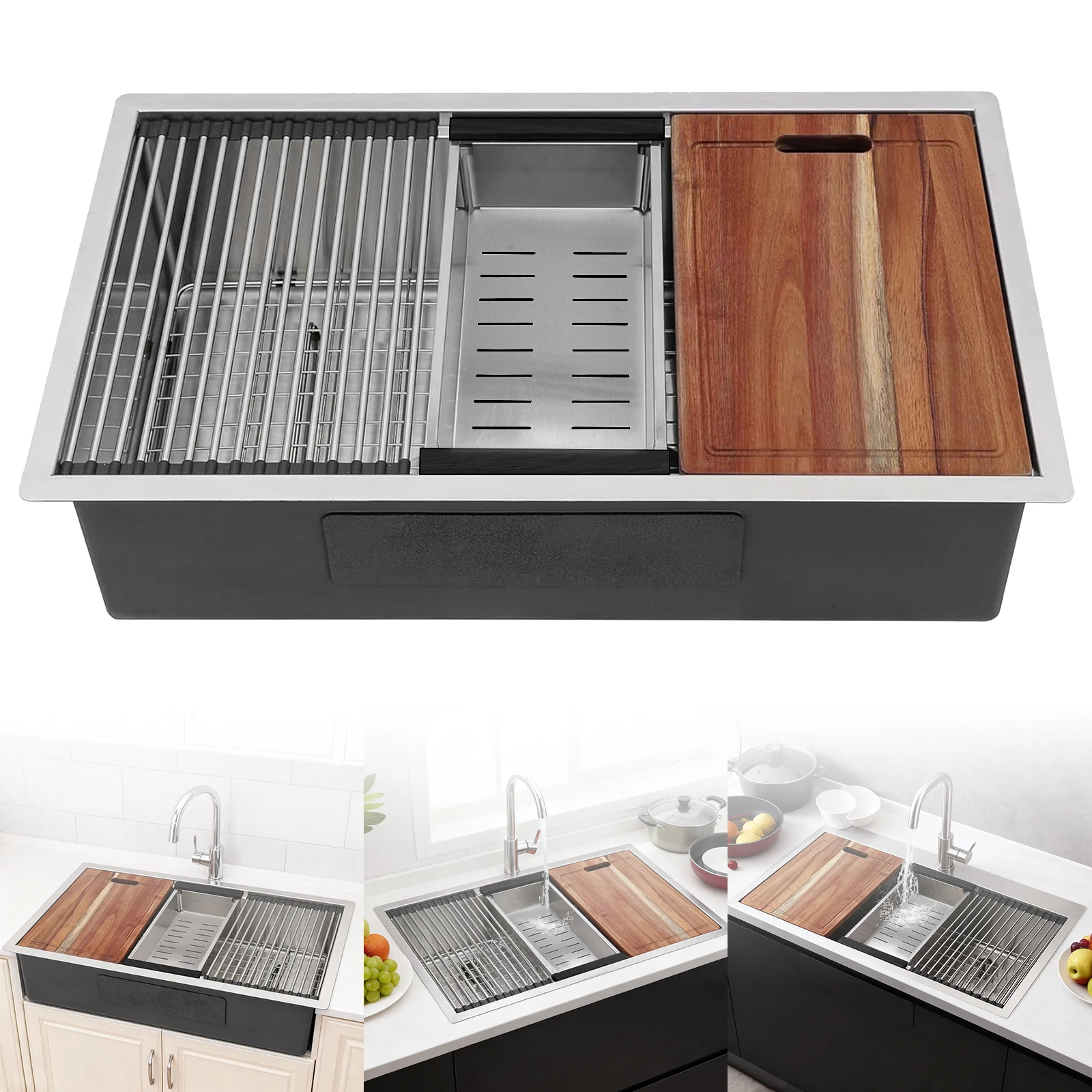 حوض مطبخ سفلي 16 مقياس مع مصفاة سلة شبكية سفلية 30/33 بوصة حوض أحواض المطبخ مع ملحقات أحواض قطرة