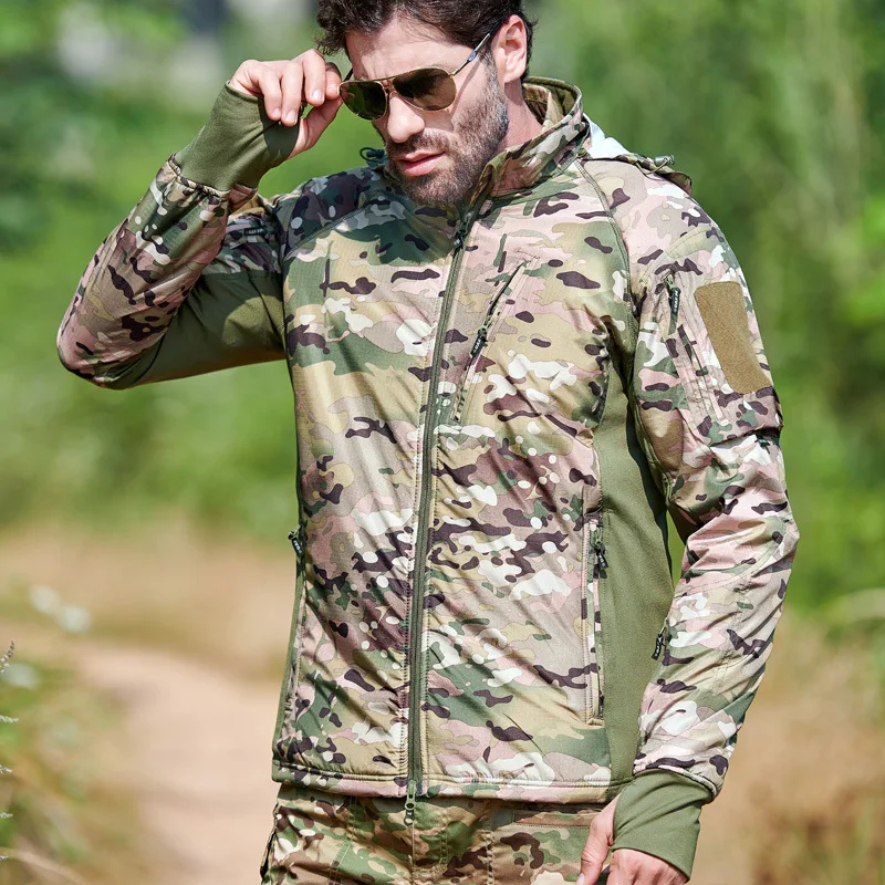 Kurtki taktyczne Odzież męska Miękka wiatrówka Kurtka bomberka z kapturem Kolarstwo Camo Płaszcz z kapturem Gruba odzież myśliwska Lekka