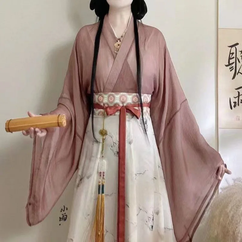 Adult Hanfu female student Wei Jin style cross collar daily waist length tattered skirt,spring chinese style dress