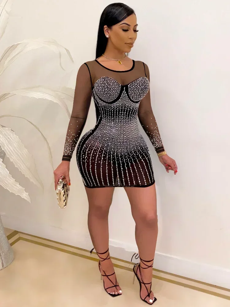 GUWU انظر من خلال شبكة المرقعة مثير كريستال حجر الراين Bodycon فستان شير حفلة ليلة بريق فستان عيد ميلاد النساء كلوبوير