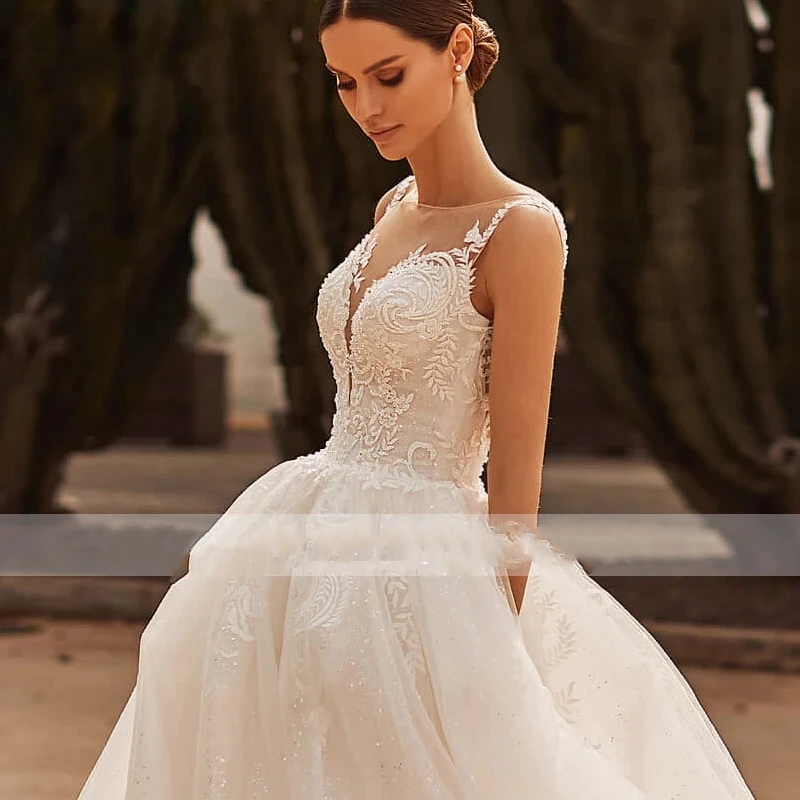 Vestidos De Novia románticos para mujer, línea A, Apliques De encaje, ilusión trasera, sin mangas, elegantes Vestidos De Novia