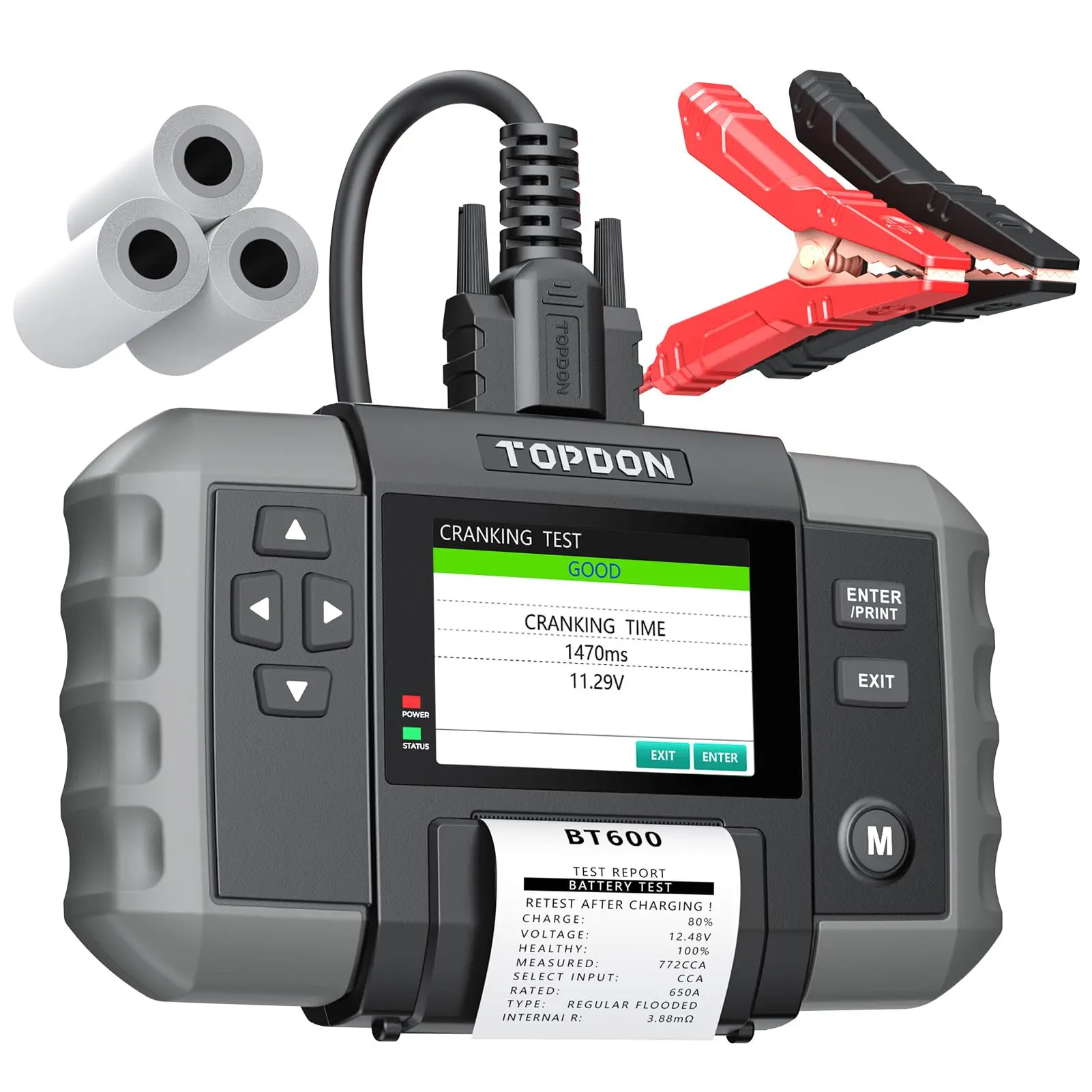 

[2027 Version] TOPDON BT600 12V 24V Battery Tester with Built-in Printer 3.5" Screen 100-2000 CCA Alternator Load Analyzer