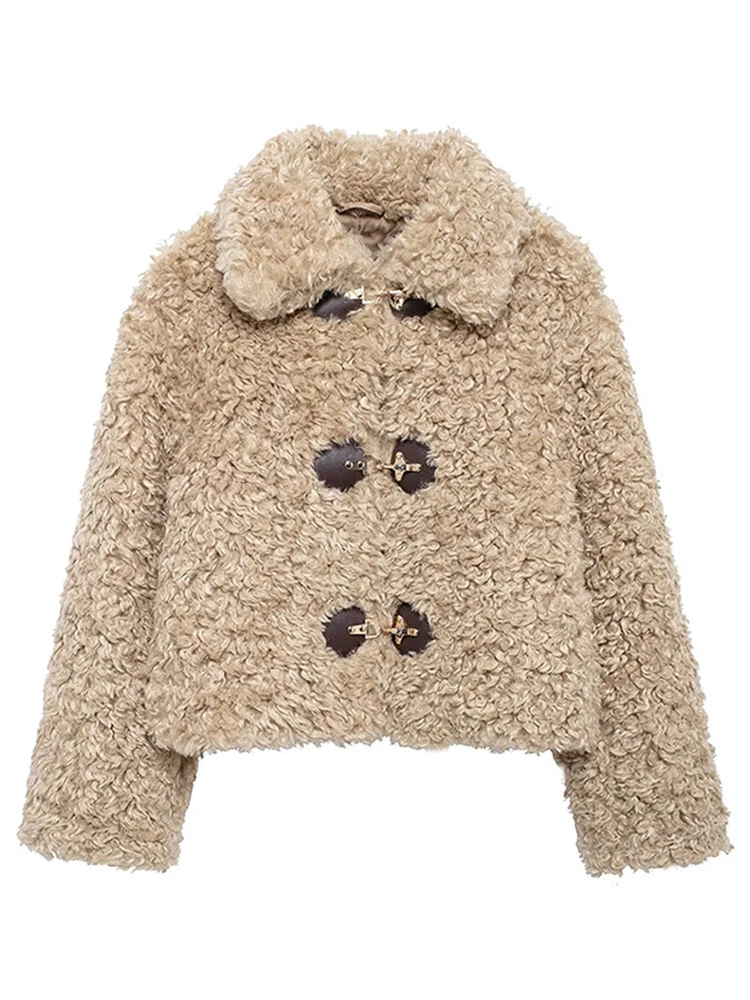 

Winter Plush Warm Windproof Women's Coat Fashion Turndown Collar Single Breasted Short Coats Women Simple Casual Outerwears