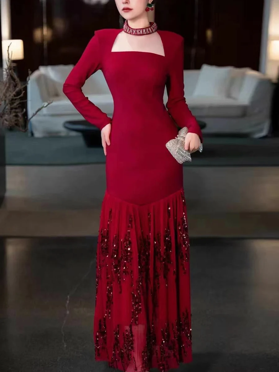 CHICEVER Sexy Luxury Maxi Dresses For Woman Square Collar Long Sleeve High Waist Spliced Tassel Sequins Dress Female Autumn 2024