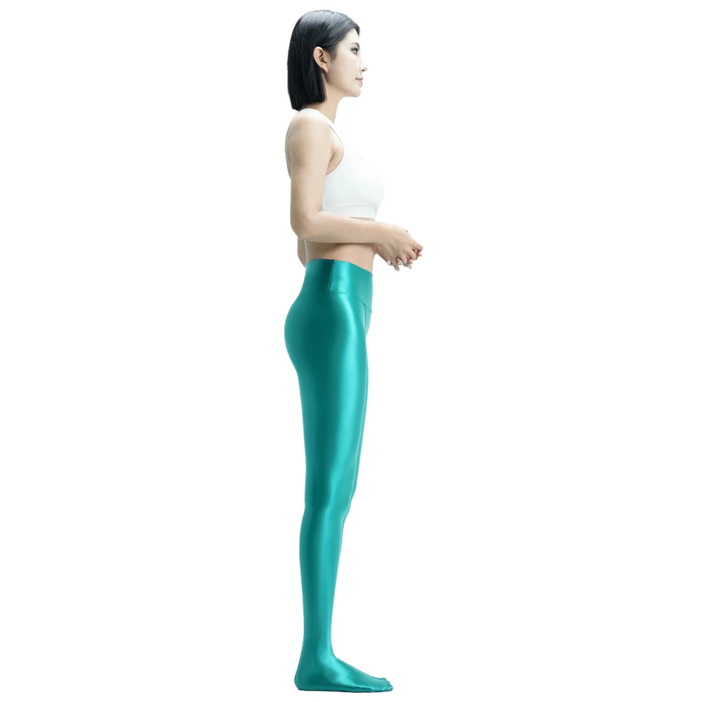 MJINM Damen glänzende, glatte Leggings, Fitness, Yoga, V-Schritt, hohe Taille, Satin-Jeggings, Stretch-Strumpfhose, blickdichte Wetlook-Strumpfhose