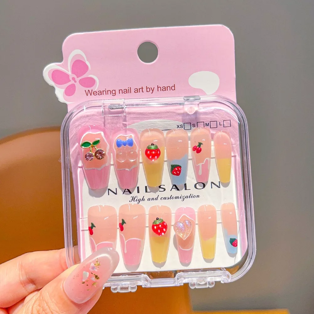 

Hot Cartoon Children Wearing Nails Cherry Love Heart Cute Press on Nail Detachable Nail Tips for Girls Students