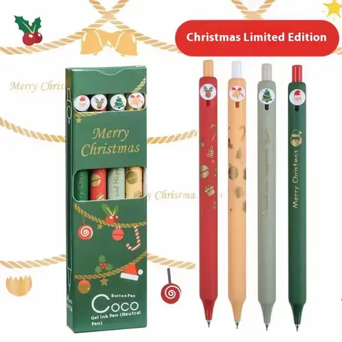 Merry Christmas Press Gel Ink Pens 4Pcs Boxed Neutral Pens Cute Cartoon Design School Office Writing Stationery Gifts