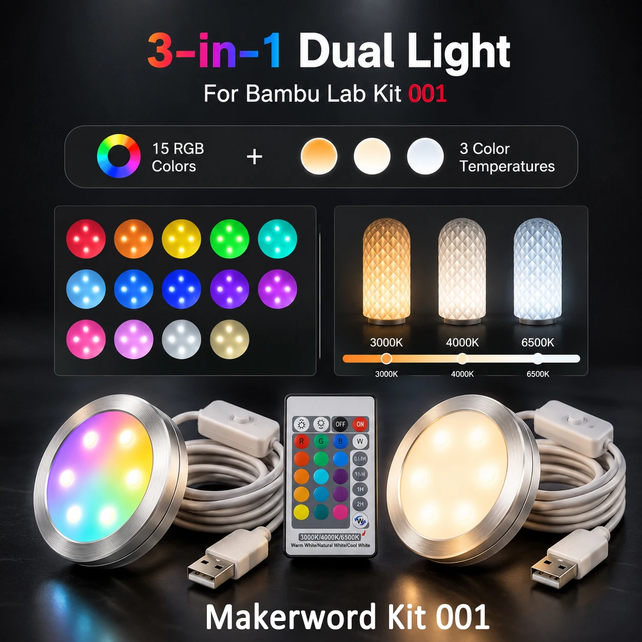 3-in-1 Lamp for Bambu lab led kit 001 High Brightness RGBW Led Ligh DIY Hardware Warm White Diy Model Kit 001 3D Printer Parts