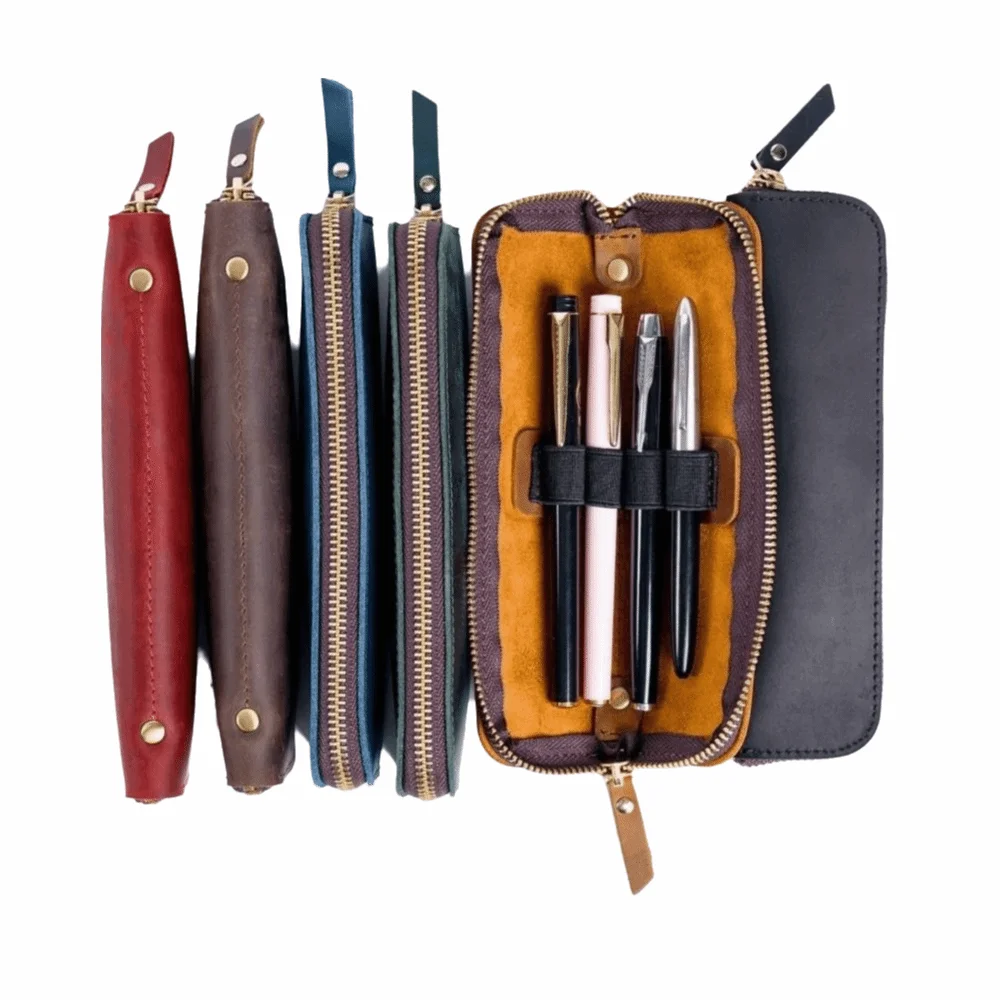 Portable Handmade Pencil Case Zipper Closure Compact Pen Bag Cowhide Retro Pen Protective Sleeve Business