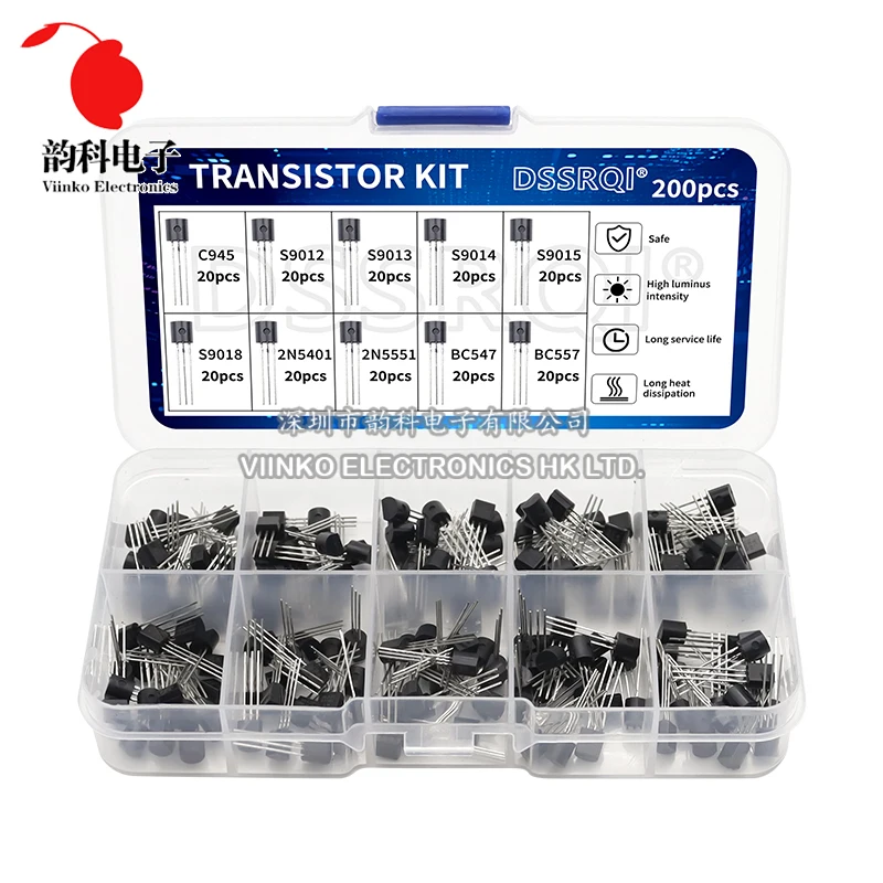 200pcs BJT Transistor Kit Bipolar Power Transistors A1015 BC327 BC337 C1815 S8050 S8850 2N2222 2N2907 2N3904 2N3906 PNP NPN