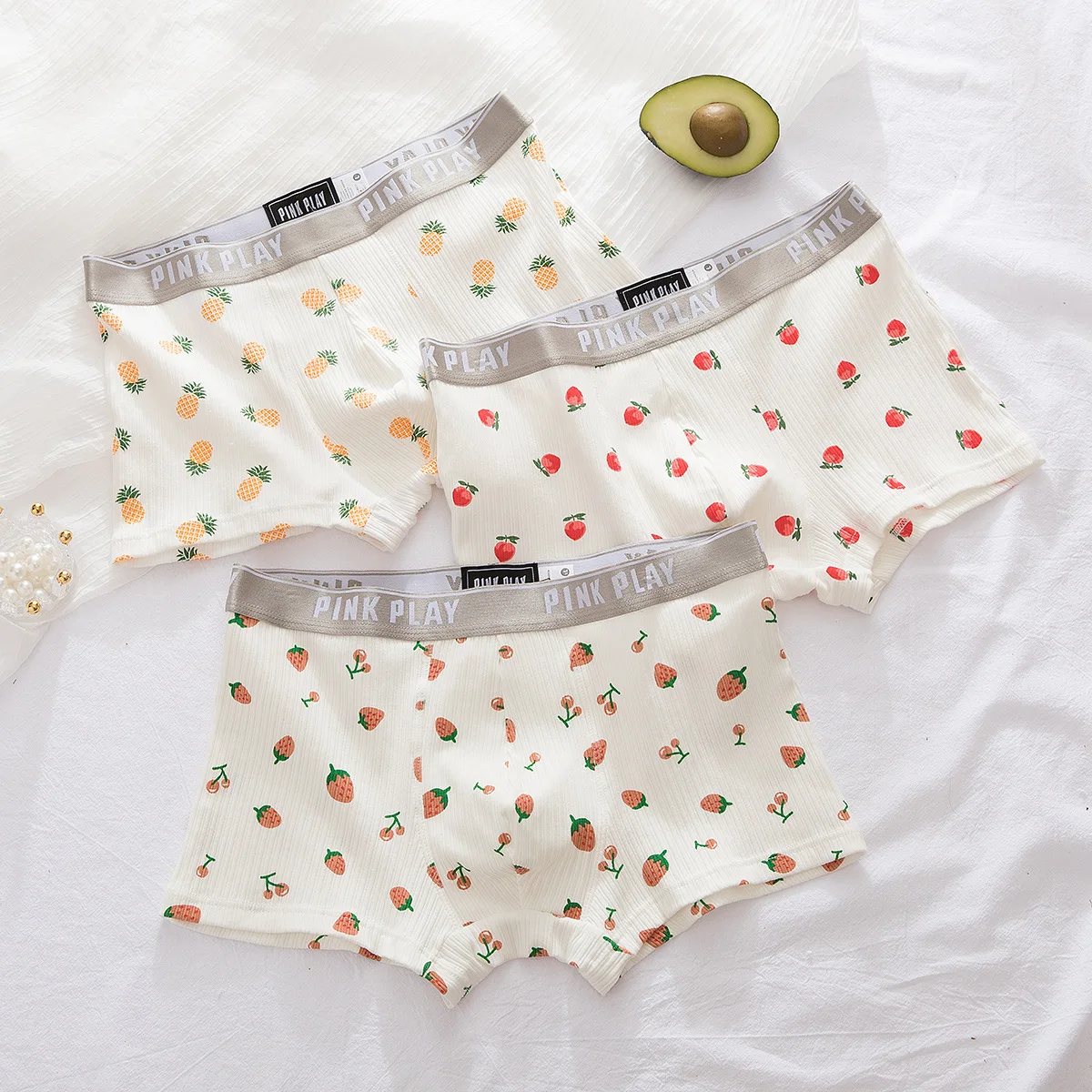 

New Strawberry Cherry Peach Printed Trendy Men's Flat Corner Cotton Japanese Cute Couple Underwear