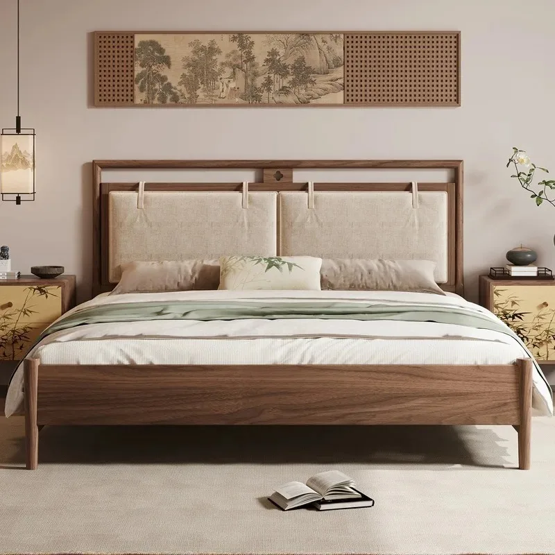 Song Dynasty aesthetics, black walnut, modern minimalist cotton-linen soft backer large bed, 1.8m master bedroom bed