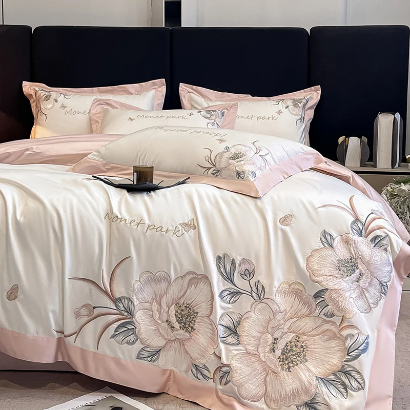 

Pink Flowers Embroidery Luxury Bedding Set 100% Egyptian Cotton Soft Silky Duvet Cover Bed Sheet/Fitted Sheet Pillowcases 4Pcs