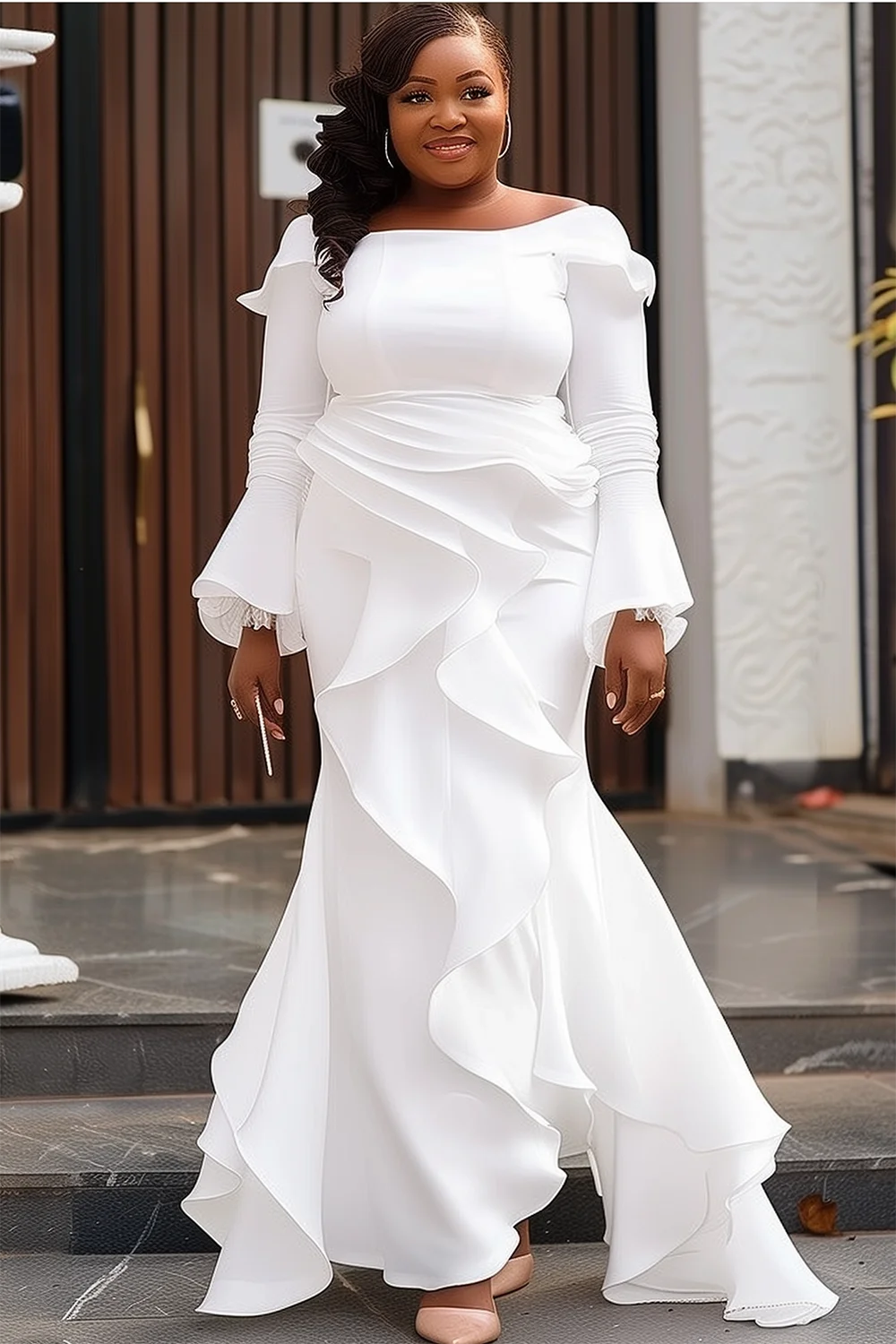 

Plus Size Wedding White Off The Shoulder Flare Long Sleeve Asymmetric Hem Maxi Dresses