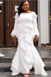 Plus Size Wedding White Off The Shoulder Flare Long Sleeve Asymmetric Hem Maxi Dresses