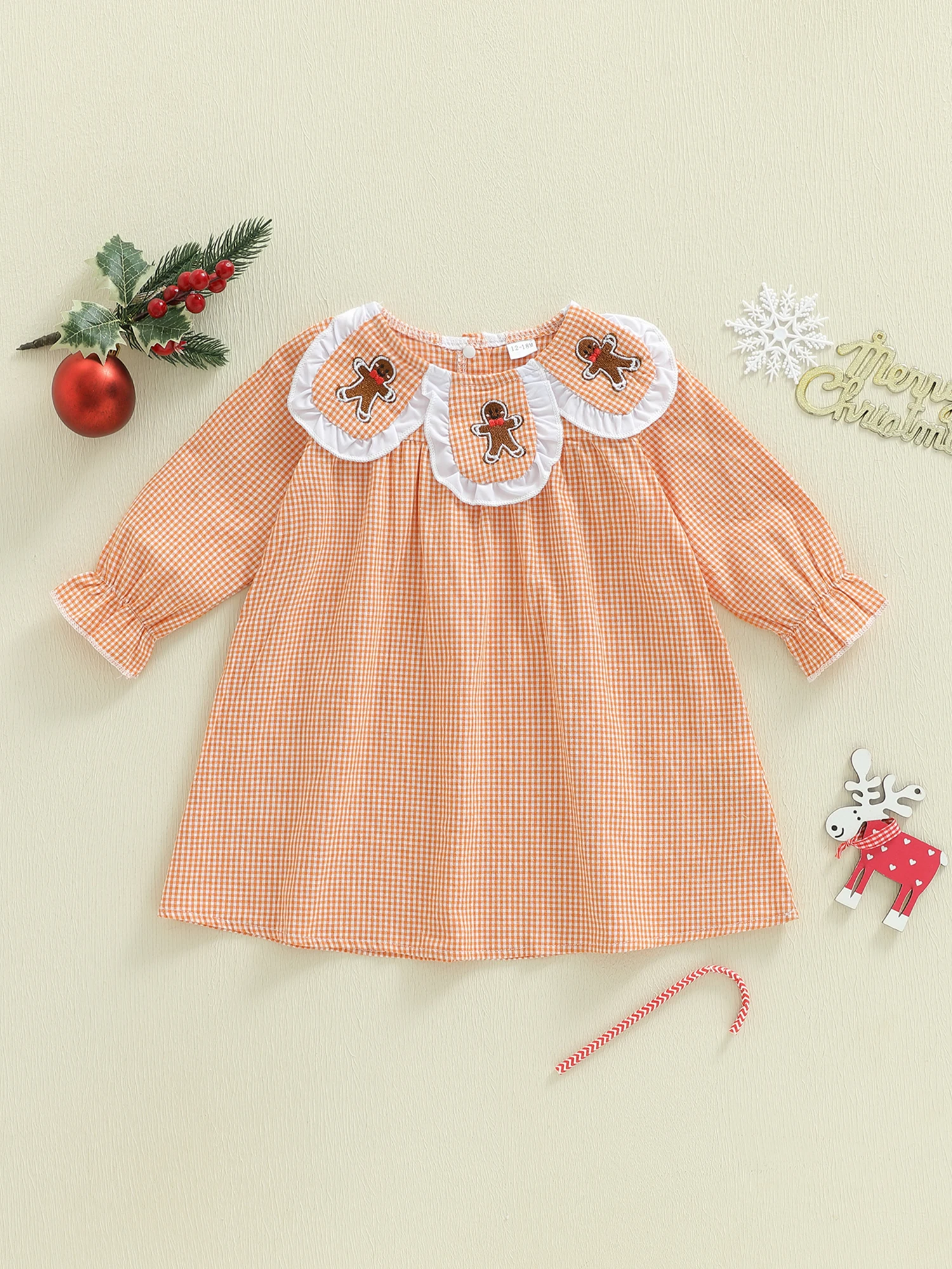 

Рождественское платье трапециевидной формы для маленьких девочек с вышивкой пряничного человечка, клетчатым узором, круглым вырезом и длинными рукавами — праздничный