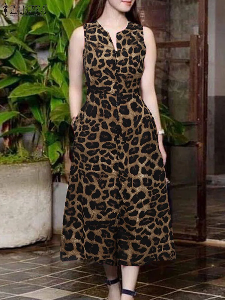 

2025 Summer Stylish Leopard Print Dress ZANZEA Women V Neck Sleeveless Dresses Stylish Holiday Vestidos Elegant Work Midi Robe