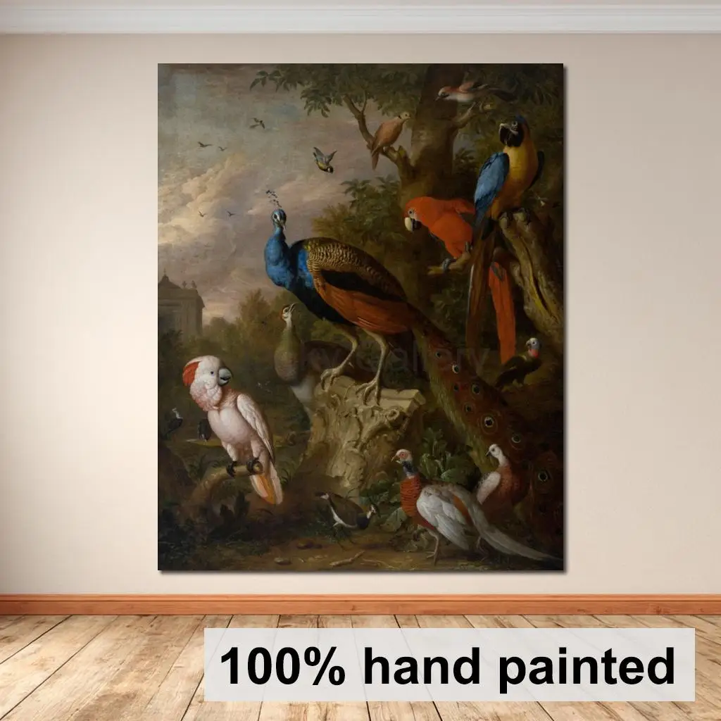 Classical Animal Art Hand Painted Oil Painting Traditional Peacocks and Exotic Birds Jakob Bogdany for Dining Room Kitchen Decor