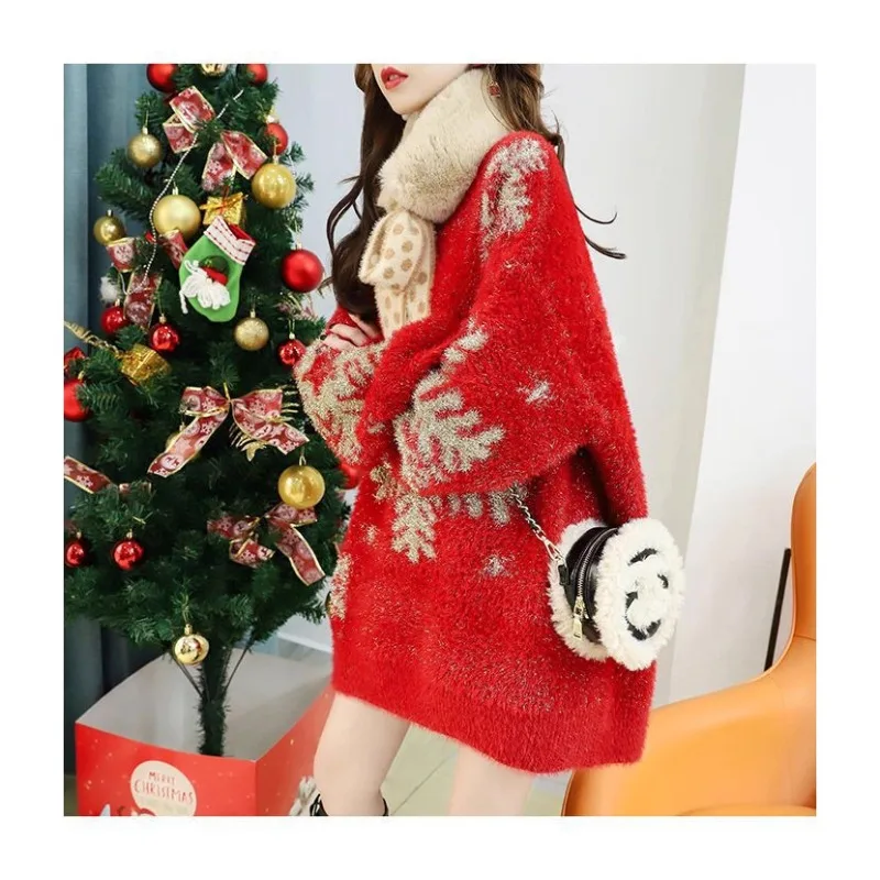 

Autumn and Winter Christmas Outer Wear New Year's Fleece Knitted Sweater Women Lazy Style Loose Thickened Long Sleeves Pullover