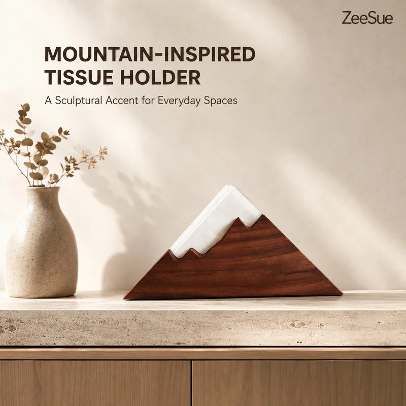 ZeeSue Decorative Mountain Tissue Box, Modern Wooden Facial Tissue and Napkin Holder for Home Office Tabletop Decoration