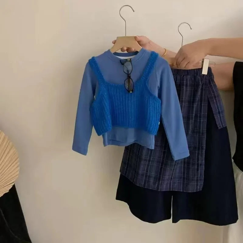 

Girls Suit 2026 Spring and Autumn New Childrens Clothing Girl Baby Knitted Vest Solid Color Top Fart Curtain Pants Sets