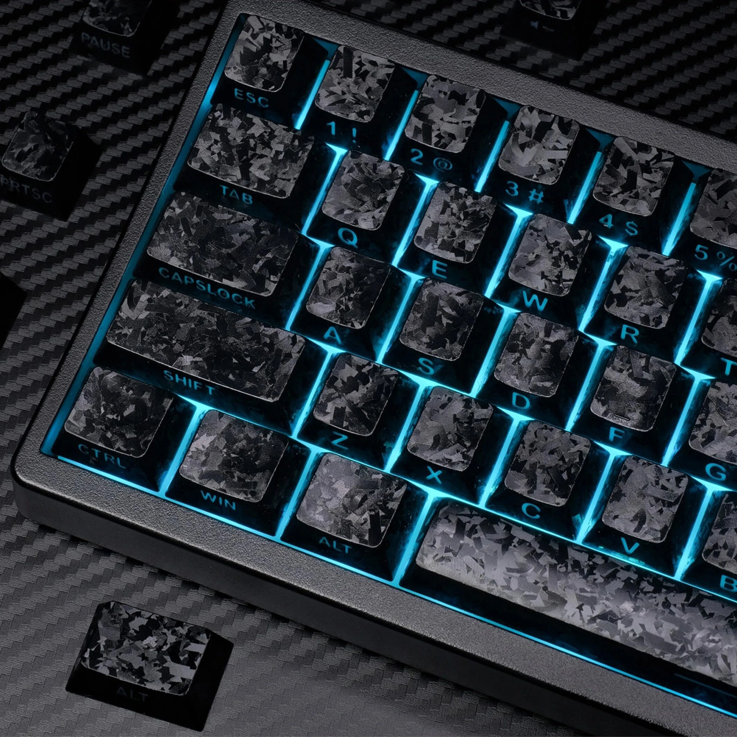 Black Forged Carbon Side Print RGB Backlit Key caps Double Shot PBT Keycaps Cherry Profile for MX Switches Mechanical Keyboard
