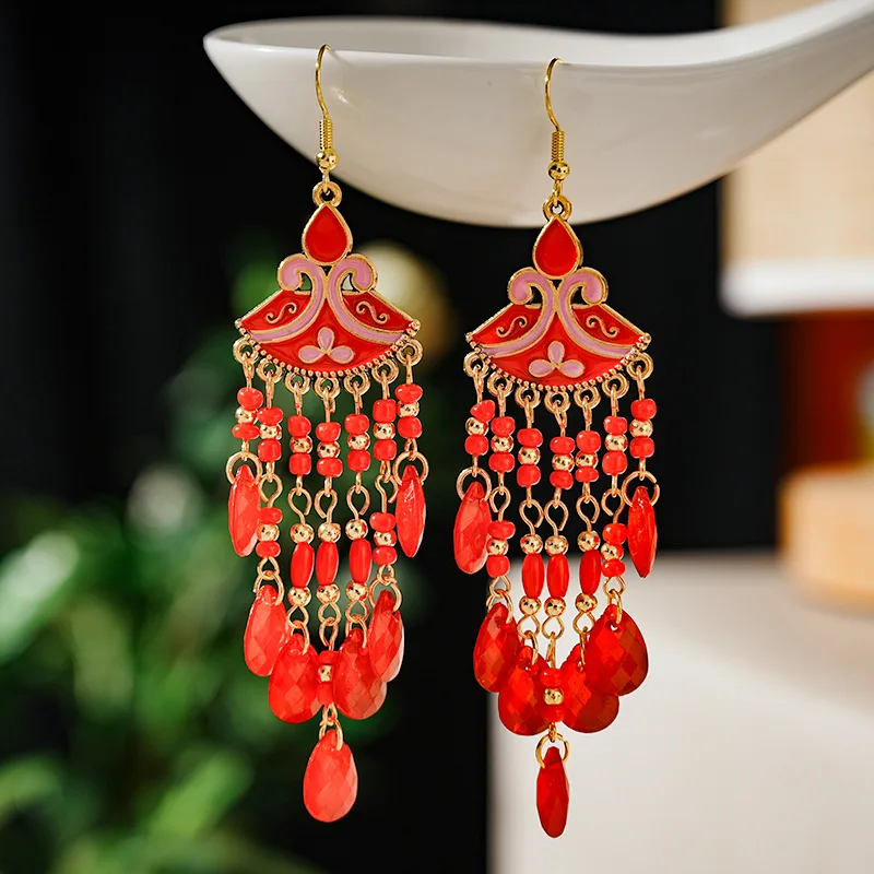 Böhmische mehrfarbige Reis perle Wasser tropfen Ohrringe für Frauen Temperament lange Emaille fächerförmige Ohrring Urlaub Party Schmuck – Detail 6