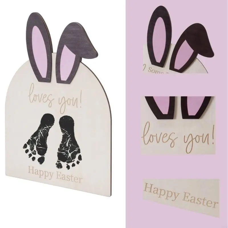 Baby First Footprint Art Wooden Message Card Happy Easter Footprint Sign Nursery Decoration Newborns Photography