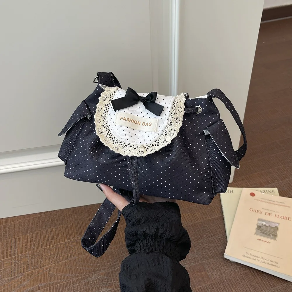 Lace Trim Polka Dot Bucket Bag for Women Korean Style Fresh Versatile Shoulder Bag Cute Commute Crossbody Purse for Girls