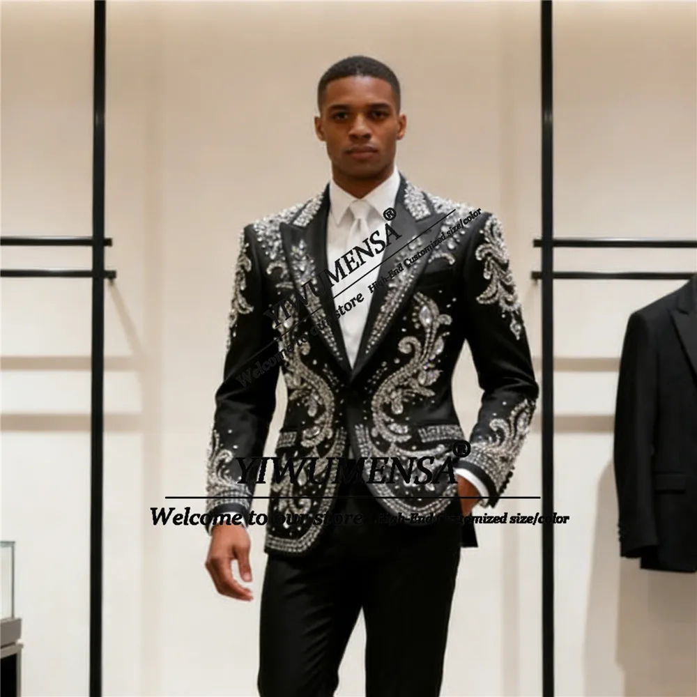 

Мужские модные костюмы с бисером и камнями, однобортные пиджаки для выпускного вечера, индивидуальный пошив, комплекты из 2 предметов, костюм для жениха, свадебный смокинг