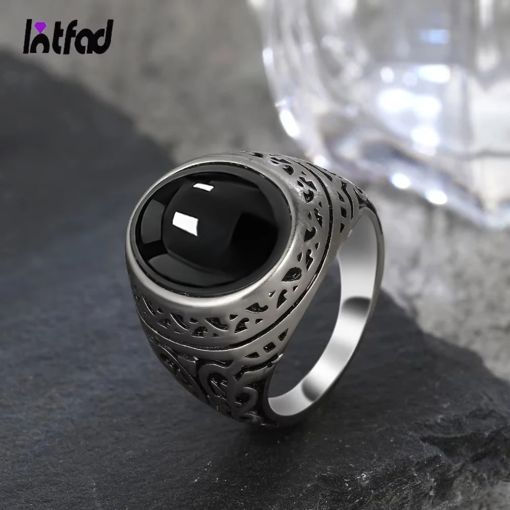 Pierścienie Srebrne Męskie Vintage Srebro Próby 925 z Naturalnym Owalnym Kamieniem Onyksowym w Kolorze Czarnym 10*14MM Duży Kamień Pierścienie Elegancka Biżuteria Męska