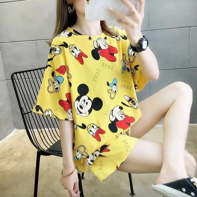 Pajamas Women's Summer Mickey Minnie Cartoon Loose Pajamas Suit Student Short-sleeved Shorts Korean Version Home Clothes Suit