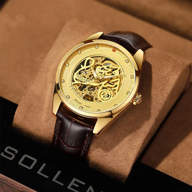 SOLLEN Orologio meccanico cavo di lusso di marca da uomo cinturino in pelle di moda impermeabile orologi automatici scheletrati in oro di fascia alta da uomo