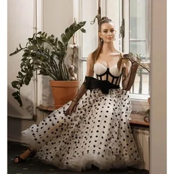 Chic Black Dots Party Dresses Fashion Strapless Ankle Length A-Line Prom Gowns with Bow Elegant Formal Women Evening Dresses