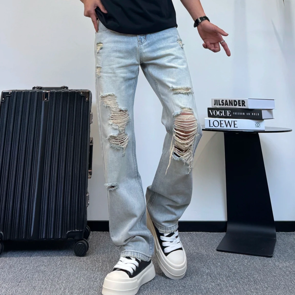 

Fashionable Retro Washed Frayed Design Men's Jeans Slim Straight Cut Casual Summer Denim Pants mid Waist Zipper Fly