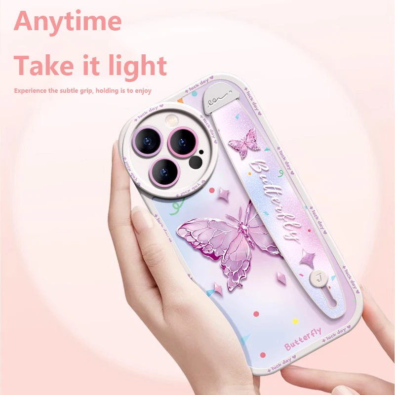 جراب بحزام معصم فاخر لهاتف أيفون 15 14 13 12 11 برو ماكس X XR Xs غطاء واقي للهاتف الخلوي من السيليكون فراشة الأحلام #3