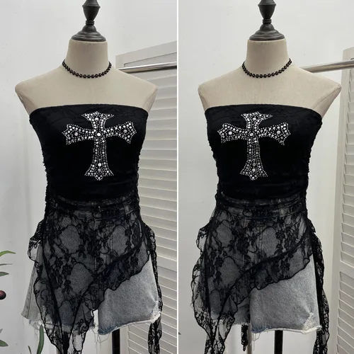 Imagen 1 del producto Top de tubo de encaje con cinta con volantes y teñido anudado para mujer, Top de tubo sin mangas Irregular, chaleco Sexy sin espalda para fiesta, ocio esencial Y2K 9956