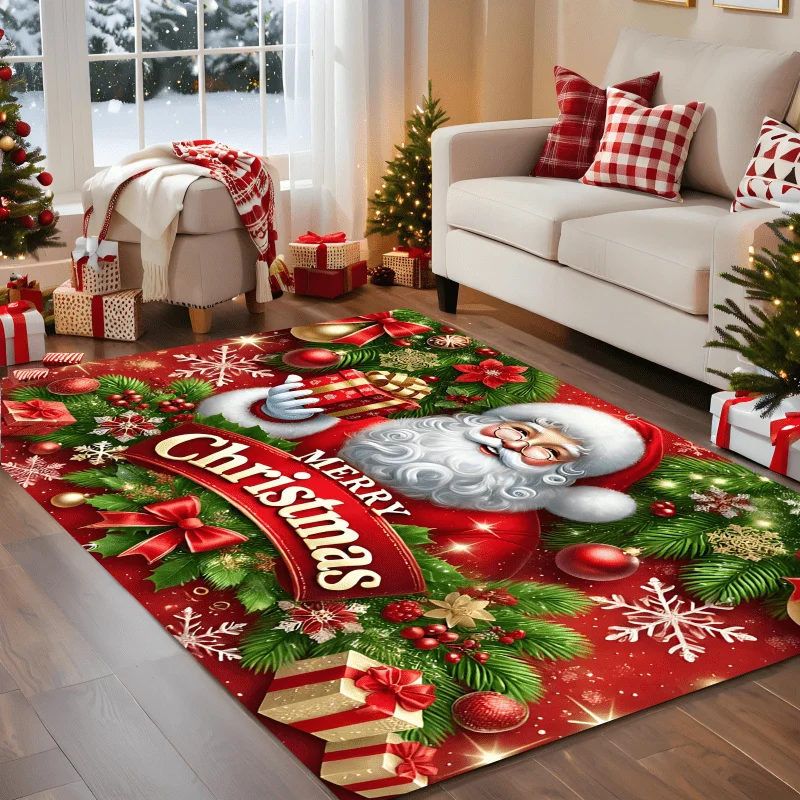 Merry Christmas Banner Red Carpet Santa Claus Profile Pattern Large Area Rug Pine Needle Bowknot Floor Mat Home Decor