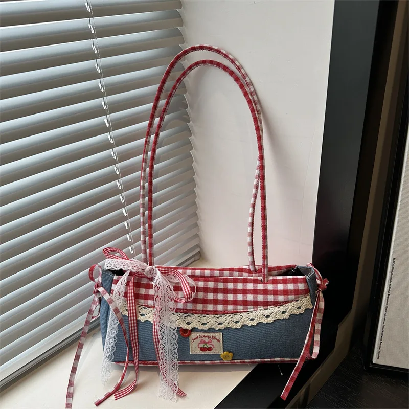 

Ковбойская сумка через плечо с бантом, женская дизайнерская кожаная сумка подмышками, милые вишневые сумки в клетку для девочек, женская модная кружевная сумка-тоут